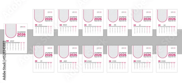 Obraz Unique modern colorful 2026 new year calendar design.New Calender design template 2026 vactor design wall calender12 month.Wall calendar design template for 2026, minimalist, clean, and elegant design