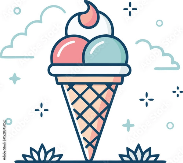 Fototapeta Modern Ice Cream Logo Design – Minimalist Vector Badge for Dessert Shops & Cafés Ice cream logo clipart set. Colorful cone ice cream icon clip art in pictogram style vector illustration color pastel	