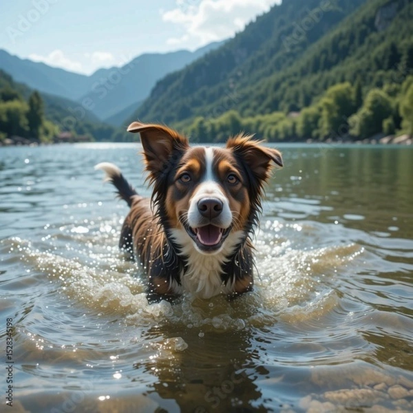 Obraz Dog frolicking in a clear lake on a hot summer day. Close-up. In the background are mountains covered with greenery, stock photo