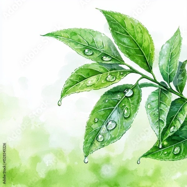 Fototapeta A vibrant watercolor painting depicts dew drops clinging to lush green leaves against a softly blurred background perfect for refreshing design copy space.
