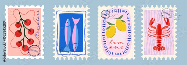 Obraz Modern abstract summer poster in sketch doodle style with hand drawn. Trendy design for cards, wall art, ads, print, decor, branding. Amalfi, Italian sea coast hand drawn icons. Summer sea vacation.