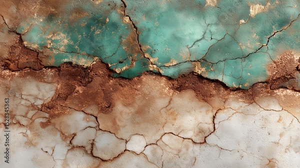 Obraz Aged verdigris wash, coppery undertones with textural cracking, soft abstract grunge, digital paper, printable texture,