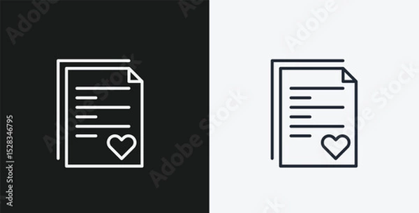 Fototapeta Wedding Certificate or Document with Heart and Text on Black and White Backgrounds, Representing Marriage or Love, White Outline Icon