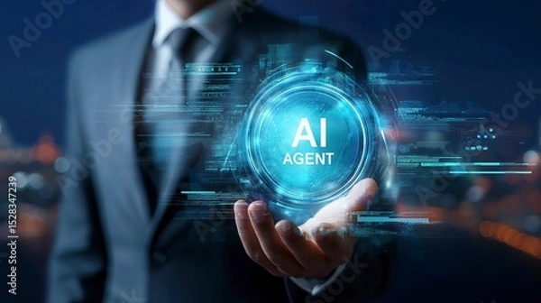 Obraz Confident Businessman Holding Holographic 'AI Agent' Projection – Futuristic Digital Interface with Neural Network, Data Streams, and Smart City Background Representing Artificial Intelligence, Automa