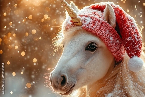 Obraz White unicorn horse in a red snow-covered hat, with twinkling New Year lights around