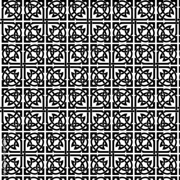 Fototapeta black and white seamless background, monochrome, repeating geometric pattern, grid of squares, intricate knot-like or Celtic-inspired design, bold and black, dense and decorative overall texture