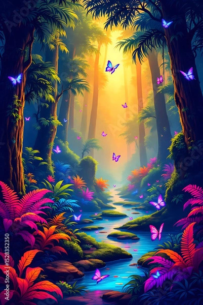 Fototapeta Fantasy forest glowing with colorful light