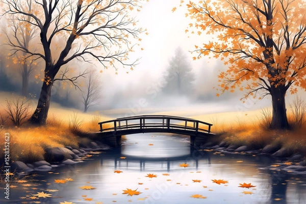 Fototapeta Illustrated bridge over autumn pond with falling leaves