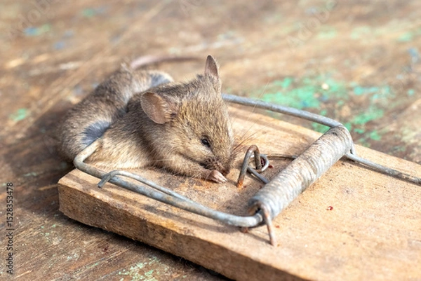 Fototapeta A dead mouse caught in a wooden mousetrap, lying on a surface mimicking an old wooden floor