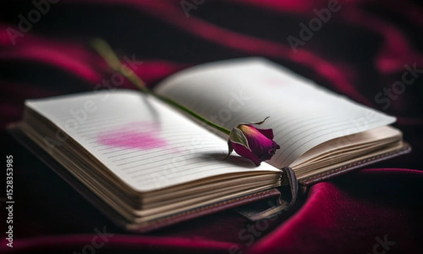 Fototapeta Open book with rose on red satin