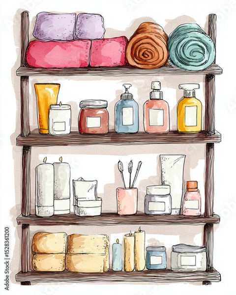 Fototapeta Natural skincare routine at home, Modern Line Art + Watercolor with a beautifully arranged shelf of towels and skincare products