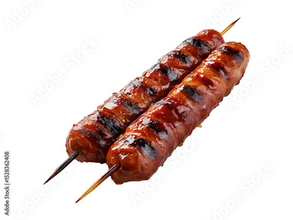 Fototapeta Grilled sausages on skewers isolated on transparent background