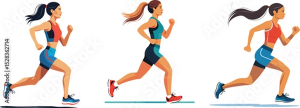 Fototapeta Jogging woman. Women crowd running. Many runners in line. Diverse joggers characters in motion, action. Sport exercise. eps, vector.