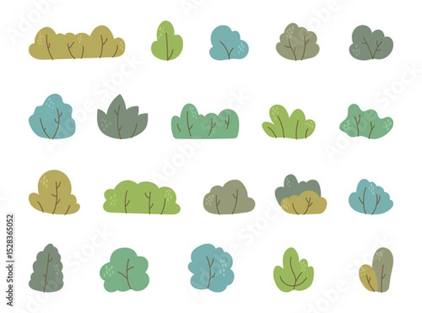 Fototapeta Botanical bush in scandinavian style set with foliage elements for yours garden in natural landscape and forest environment and for creative designs projects, illustration