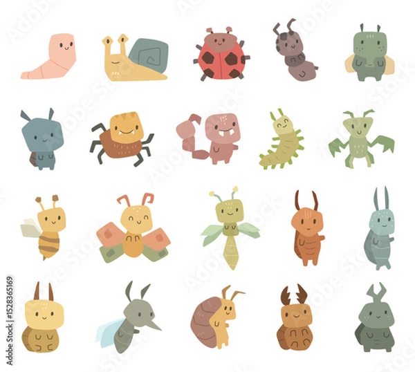 Fototapeta Animal insect character in scandinavian style set with cute worm snail beetle ant fly flea spider scorpion mantis mosquito created for charming cartoon illustrations