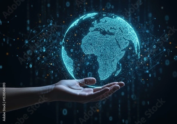 Obraz Digital globe hovers above a hand with binary code and network connections