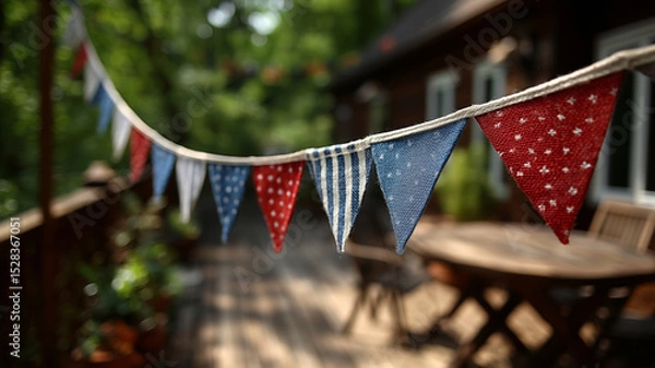 Fototapeta Display of American flags creating a festive ambiance in a backyard setting