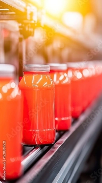 Obraz Orange juice bottling process under warm industrial lighting