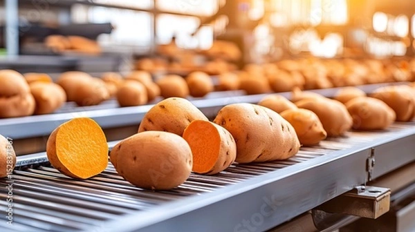 Obraz Sweet potato processing and quality control in a factory setting