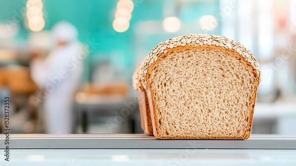Obraz Freshly baked whole wheat bread loaf with oats in artisan bakery setting