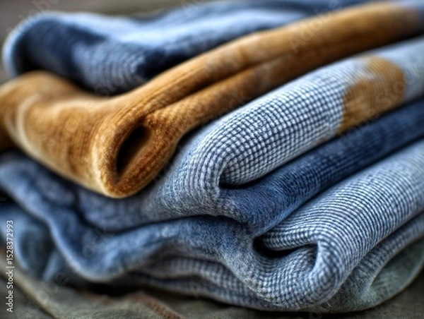 Fototapeta Textured fabric rolls in various colors, showcasing intricate patterns and soft materials, arranged in a cozy stack, ideal for textile design and home decor inspiration