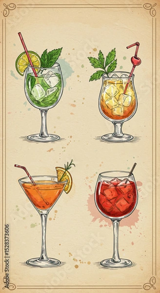 Obraz Colorful cocktail collection with herbs citrus and ice on artistic background