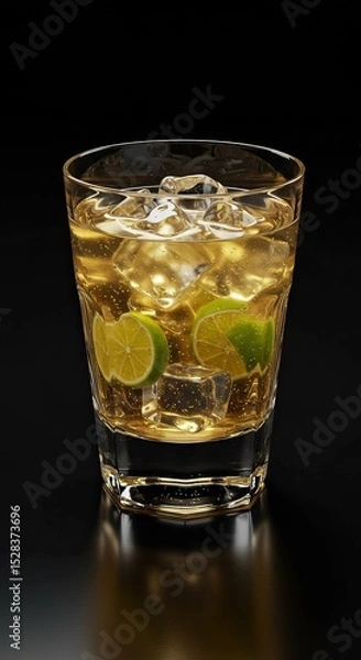 Obraz Refreshing lime cocktail with ice cubes in a glass on dark background