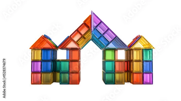 Fototapeta Colorful magnetic building blocks create a vibrant castle-like structure, showcasing the diverse shapes and colors.