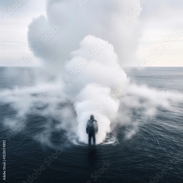 Obraz Solitary figure standing in misty sea with dramatic cloud formation