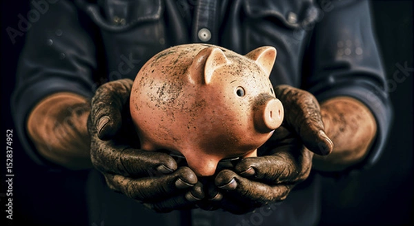 Obraz Dirty hands cradling piggy bank: symbol of savings and hard work