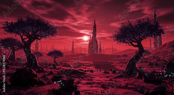 Obraz Alien landscape at sunset with surreal red sky and futuristic city in distance