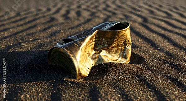 Obraz Crushed tin can littering on rippled desert sand at sunset