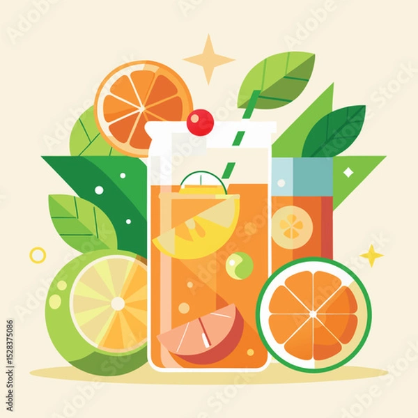 Fototapeta Summer Orange Lemon Drink with Leaves Design