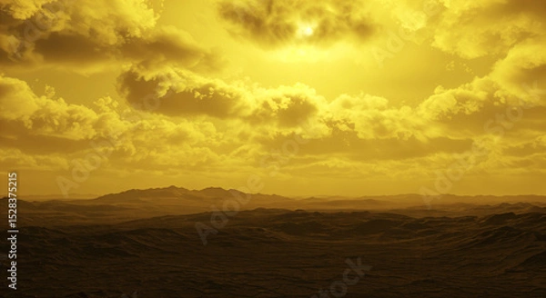 Obraz Dramatic golden desert landscape under vibrant yellow sky with clouds