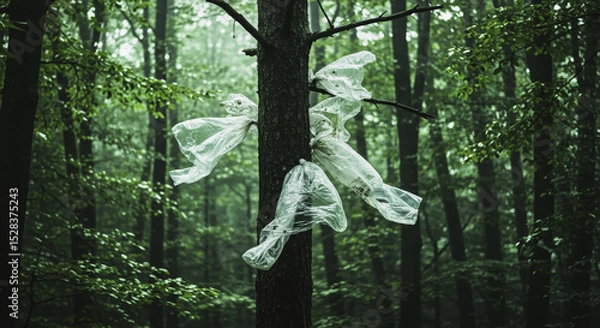 Obraz Plastic pollution: plastic bags tangled on tree branches in lush forest