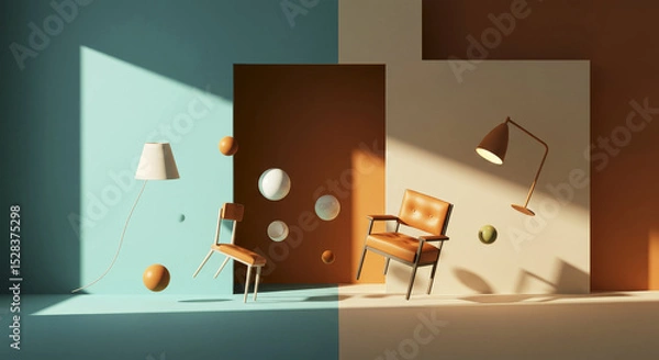 Obraz Mid century modern interior design with floating chairs and geometric lighting
