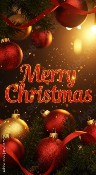 Obraz Festive merry christmas greeting with red and gold ornaments for holiday decor