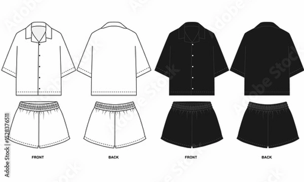 Fototapeta Sketch of pajama shirt and shorts in black and white. Sketch of shorts with elastic band and shirt with short sleeves. Pattern of shorts and shirt with lapel collar front and back view.