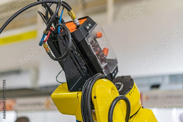 Fototapeta Large yellow industrial robot with complex joints and cables, positioned on an industrial floor or manufacturing plant setting Artificial diffused lighting, no people or animals present, perspective