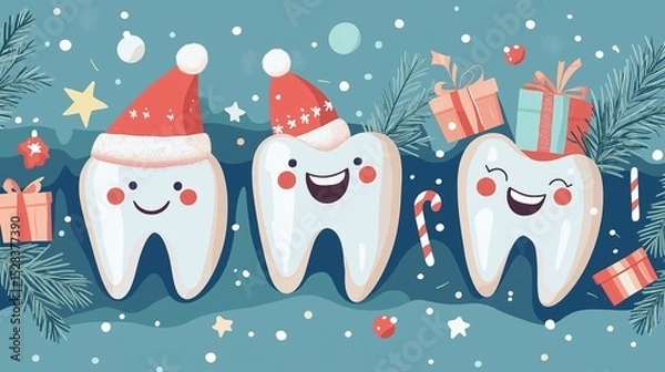 Fototapeta Playful and cheerful illustrations of cartoon teeth with big smiles, wearing Christmas hats and surrounded by festive elements holly, and snowflakes. a joyful, lighthearted holiday mood