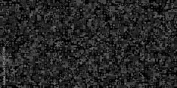 Fototapeta An abstract black and white pixel pattern background with a digital glitch effect, presenting as a seamless gray camouflage pattern with a pixel retro effect and small mixed particles 