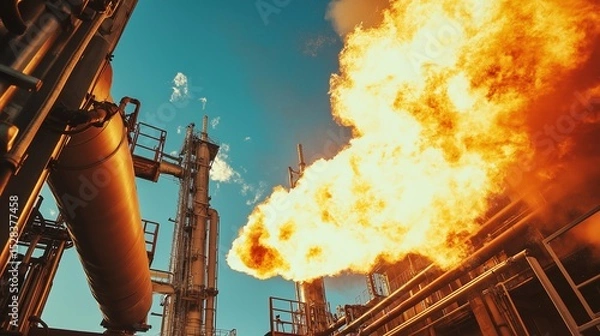 Fototapeta Powerful flames and smoke erupt from an industrial plant's chimney, creating a dramatic display against a blue sky, highlighting the industrial processes and potential environmental impact