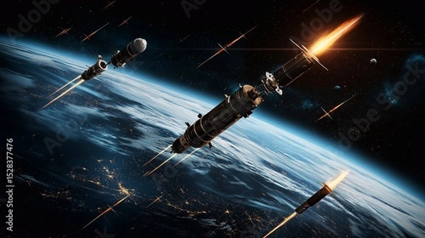 Fototapeta Rockets are launching from earth's orbit, showcasing the power of space exploration, technological advancement, and scientific innovation in conquering new frontiers
