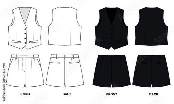Fototapeta Sketch of classic vest and shorts , front and back view. Template of summer vest and shorts with pockets, vector. Outline of fashionable women's vest and short shorts in black and white.
