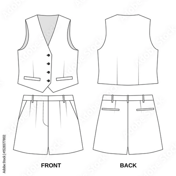 Fototapeta Sketch of classic vest and shorts , front and back view. Technical drawing of summer vest and shorts with pockets, vector. Pattern of fashionable women's vest and short shorts in white color.