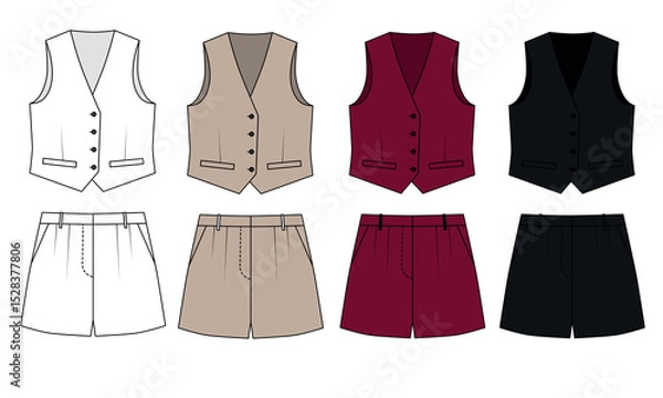 Fototapeta Collection of basic vest and shorts, white, beige, red, black colors. Template of summer vest and shorts with pockets, vector. Model of fashionable women's vest and short shorts.