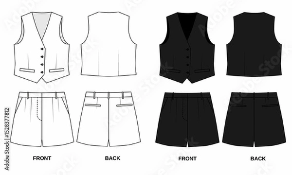 Fototapeta Sketch of classic vest and shorts , front and back view. Template of summer vest and shorts with pockets, isolated. Outline of fashionable women's vest and short shorts in black and white.