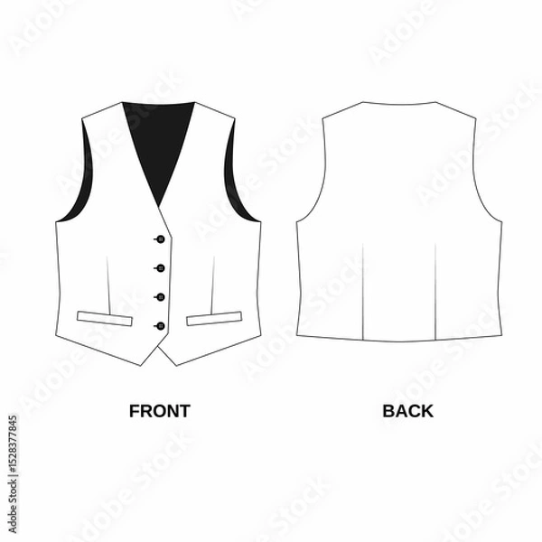 Fototapeta Sketch of a classic vest with buttons, front and back view. Technical drawing of suit vest with pockets, isolated. Pattern of fashionable women's vest in white color.
