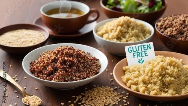 Fototapeta A warm, inclusive breakfast spread with fresh quinoa and buckwheat as gluten-free options, served with herbal tea and a light salad. A subtle “gluten-free” icon highlights their gentle nutrition