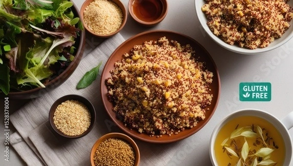 Fototapeta A warm, inclusive breakfast spread with fresh quinoa and buckwheat as gluten-free options, served with herbal tea and a light salad. A subtle “gluten-free” icon highlights their gentle nutrition